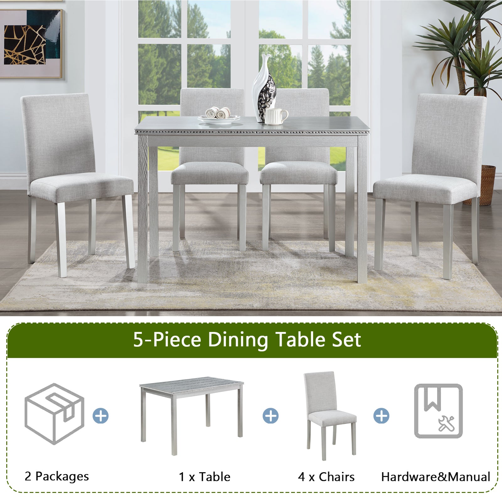 5 Piece Wooden Dining Table Set, Kitchen Table Set With A Rectangular Table And 4 Upholstered Chairs, Wooden Dining Room Table With Crystal Decoration And Chairs Set, Silver Grey Beige Silver Gray Seats 4 Dining Room Rectangular 4 Leg Rectangular Dining