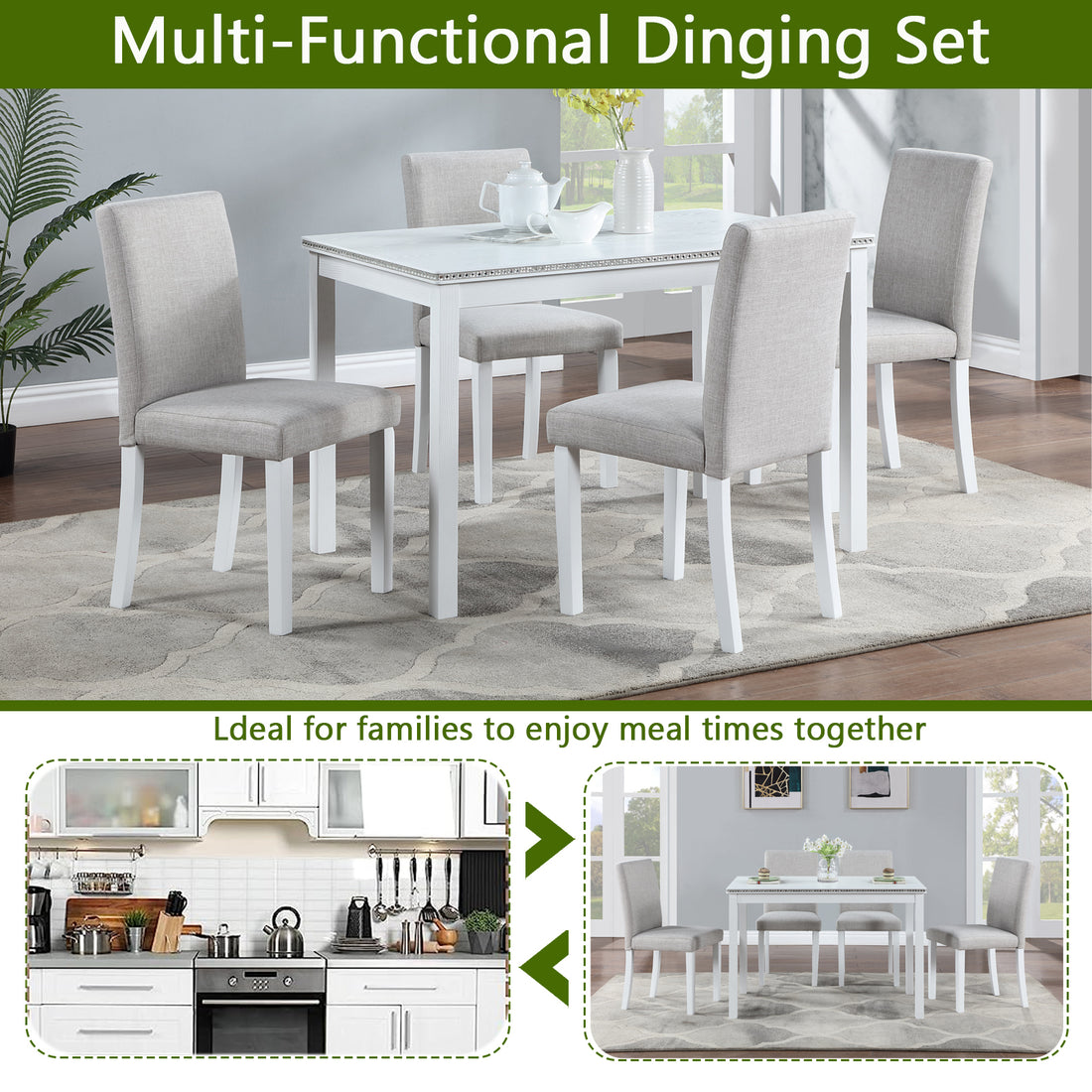 5 Piece Wooden Dining Table Set, Kitchen Table Set With A Rectangular Table And 4 Upholstered Chairs, Wooden Dining Room Table With Crystal Decoration And Chairs Set For Kitchen, Dining Room, White Beige White Seats 4 Dining Room 4 Leg Rectangular Solid