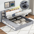 Queen Size Platform Bed Frame With Upholstery Headboard And Storage Shelves And,Usb Charging,Gray Queen Gray Solid Wood Mdf