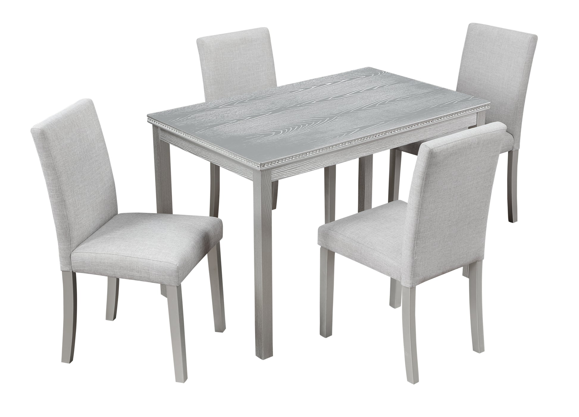 5 Piece Wooden Dining Table Set, Kitchen Table Set With A Rectangular Table And 4 Upholstered Chairs, Wooden Dining Room Table With Crystal Decoration And Chairs Set, Silver Grey Beige Silver Gray Seats 4 Dining Room Rectangular 4 Leg Rectangular Dining