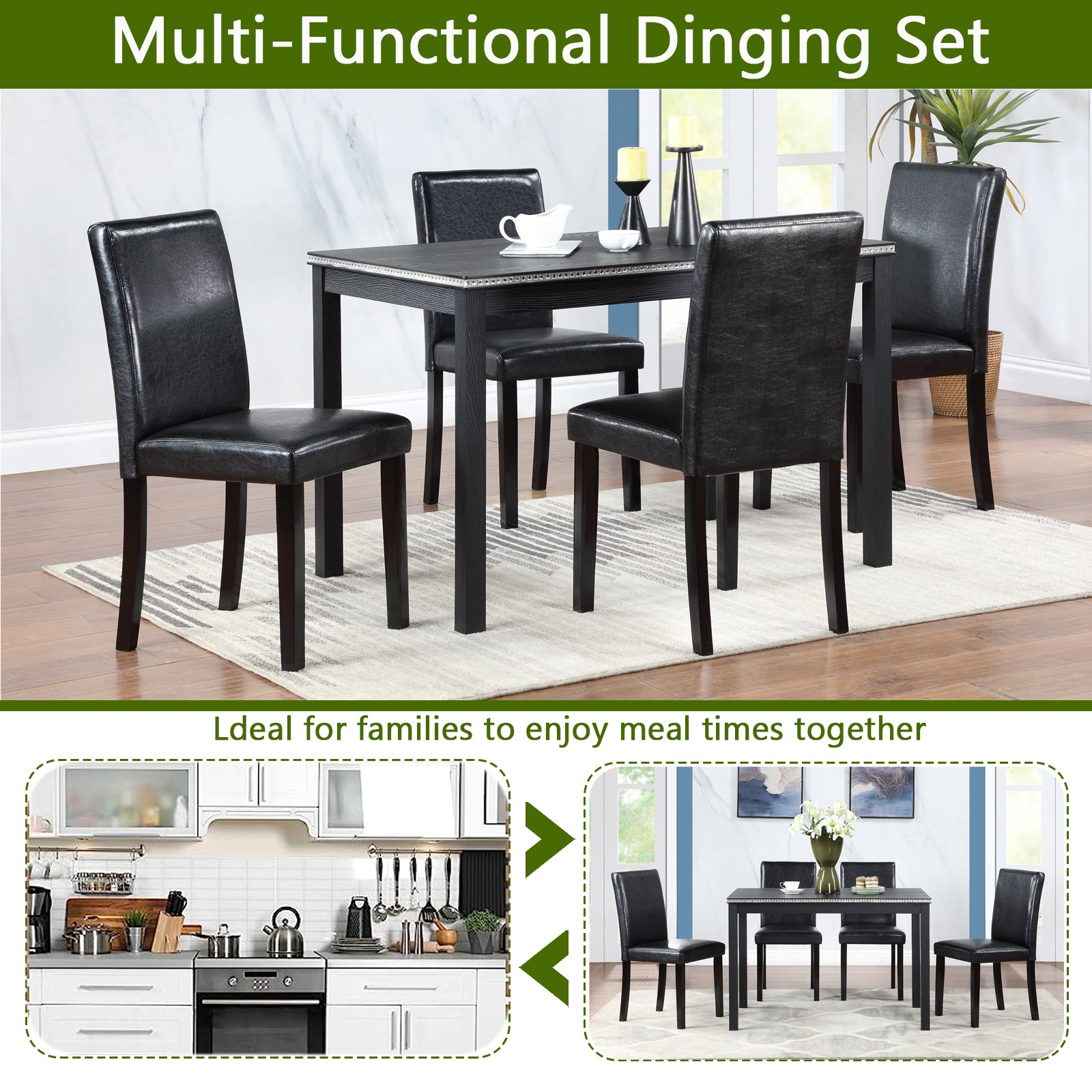 5 Piece Wooden Dining Table Set, Kitchen Table Set With A Rectangular Table And 4 Upholstered Chairs, Wooden Dining Room Table With Crystal Decoration And Chairs Set For Kitchen, Dining Room, Black Black Seats 4 Dining Room Rectangular 4 Leg Rectangular