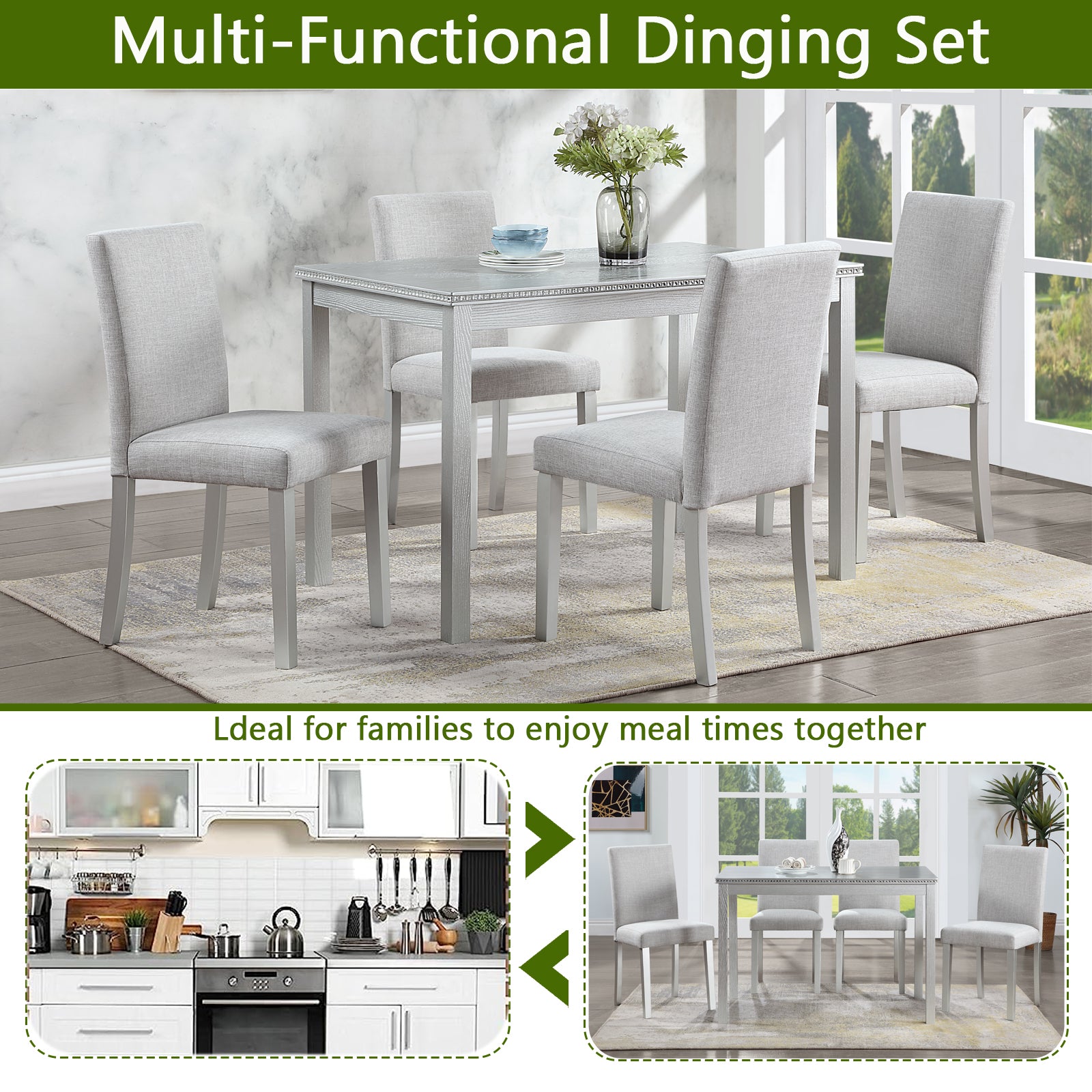 5 Piece Wooden Dining Table Set, Kitchen Table Set With A Rectangular Table And 4 Upholstered Chairs, Wooden Dining Room Table With Crystal Decoration And Chairs Set, Silver Grey Beige Silver Gray Seats 4 Dining Room Rectangular 4 Leg Rectangular Dining