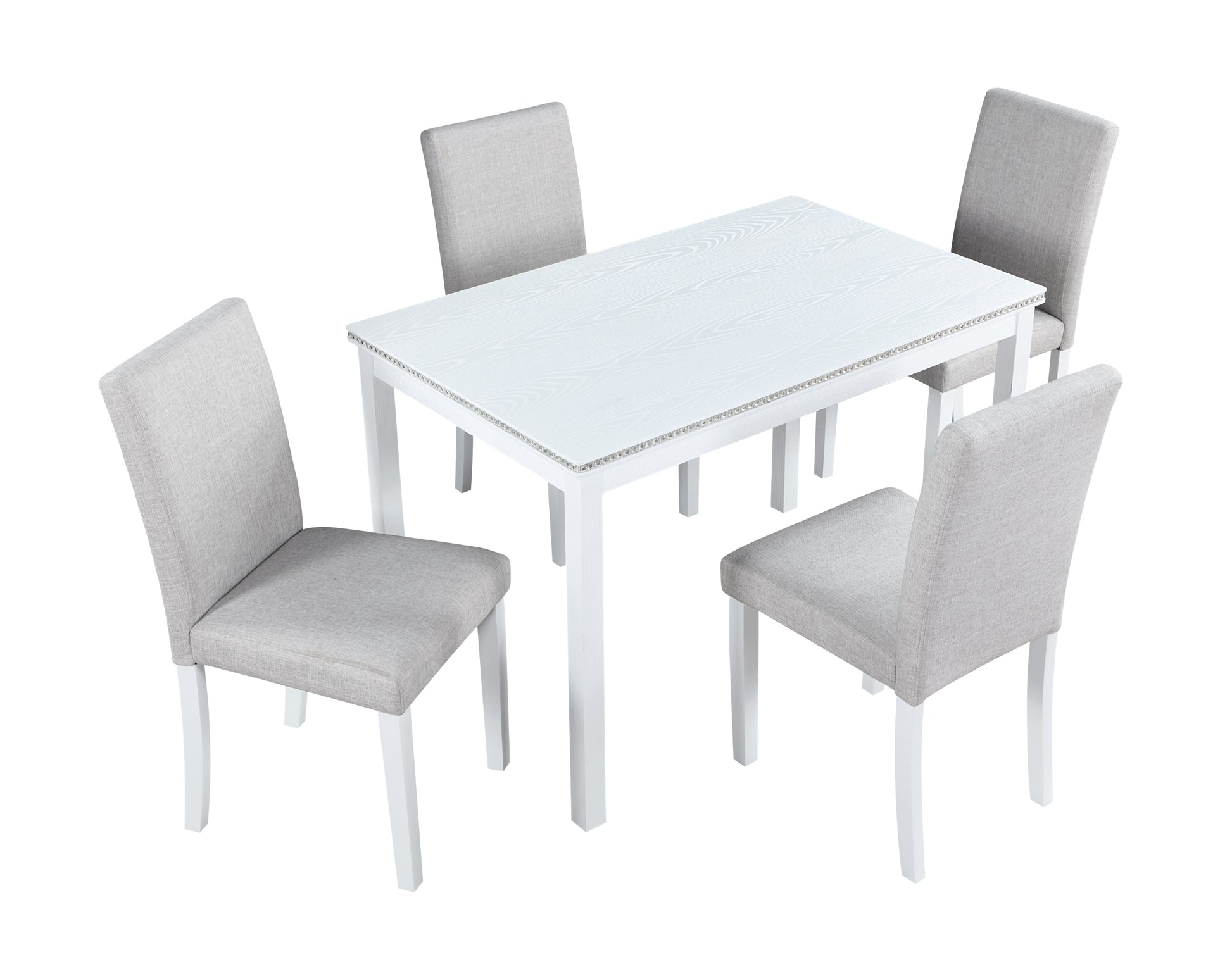 5 Piece Wooden Dining Table Set, Kitchen Table Set With A Rectangular Table And 4 Upholstered Chairs, Wooden Dining Room Table With Crystal Decoration And Chairs Set For Kitchen, Dining Room, White Beige White Seats 4 Dining Room 4 Leg Rectangular Solid
