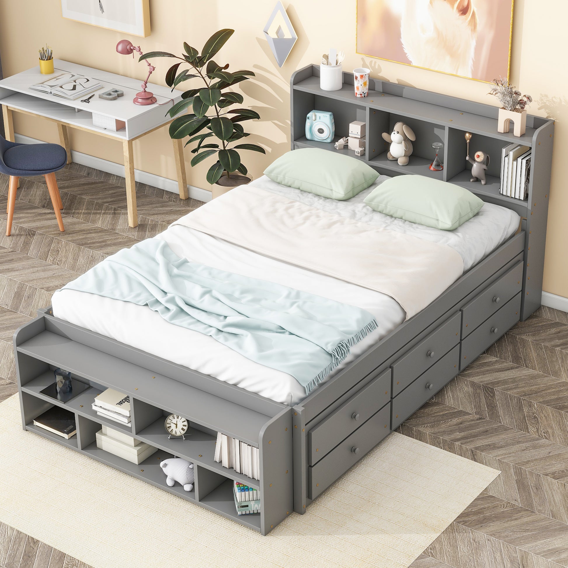 Full Bed With Bookcase Headboard, Under Bed Storage Drawers And Bed End Storage Case,Grey Full Grey American Design Pine