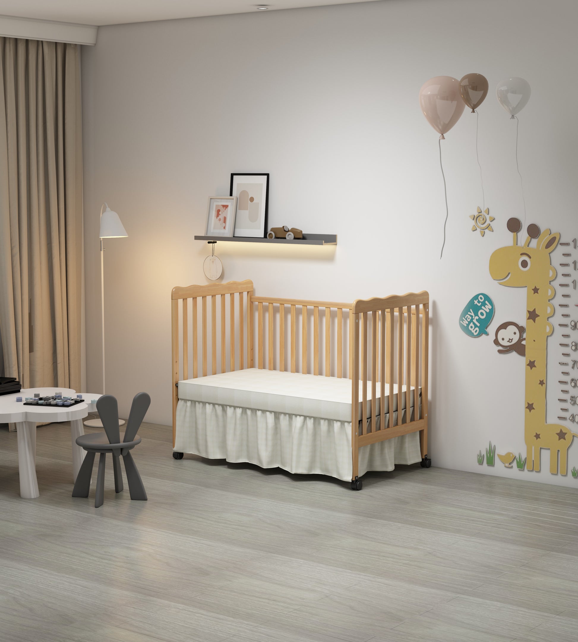 3 In 1 Convertible Crib In Natural, Made Of Sustainable Pinewood, Non Toxic Finish, Comes With Locking Wheels, Wooden Nursery Furniture Natural Wood