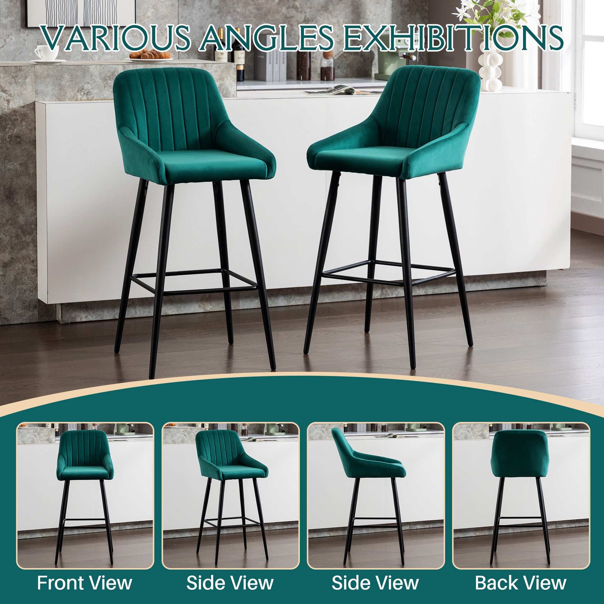 Elegant Lifestyle Modern Bar Stools,Velvet Upholstered Barstools With Back,Set Of 2 Bar Chairs For Kitchen Living Room Metal Green Dining Room Powder Coated Sponge Wipe Clean Rectangular Modern Bar Stools Set Of 2 Fabric Metal