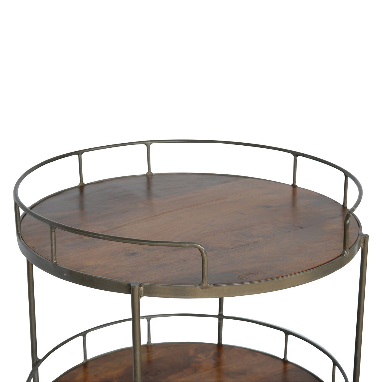 Industrial Round Butler Tray Table Chestnut Wood Metal