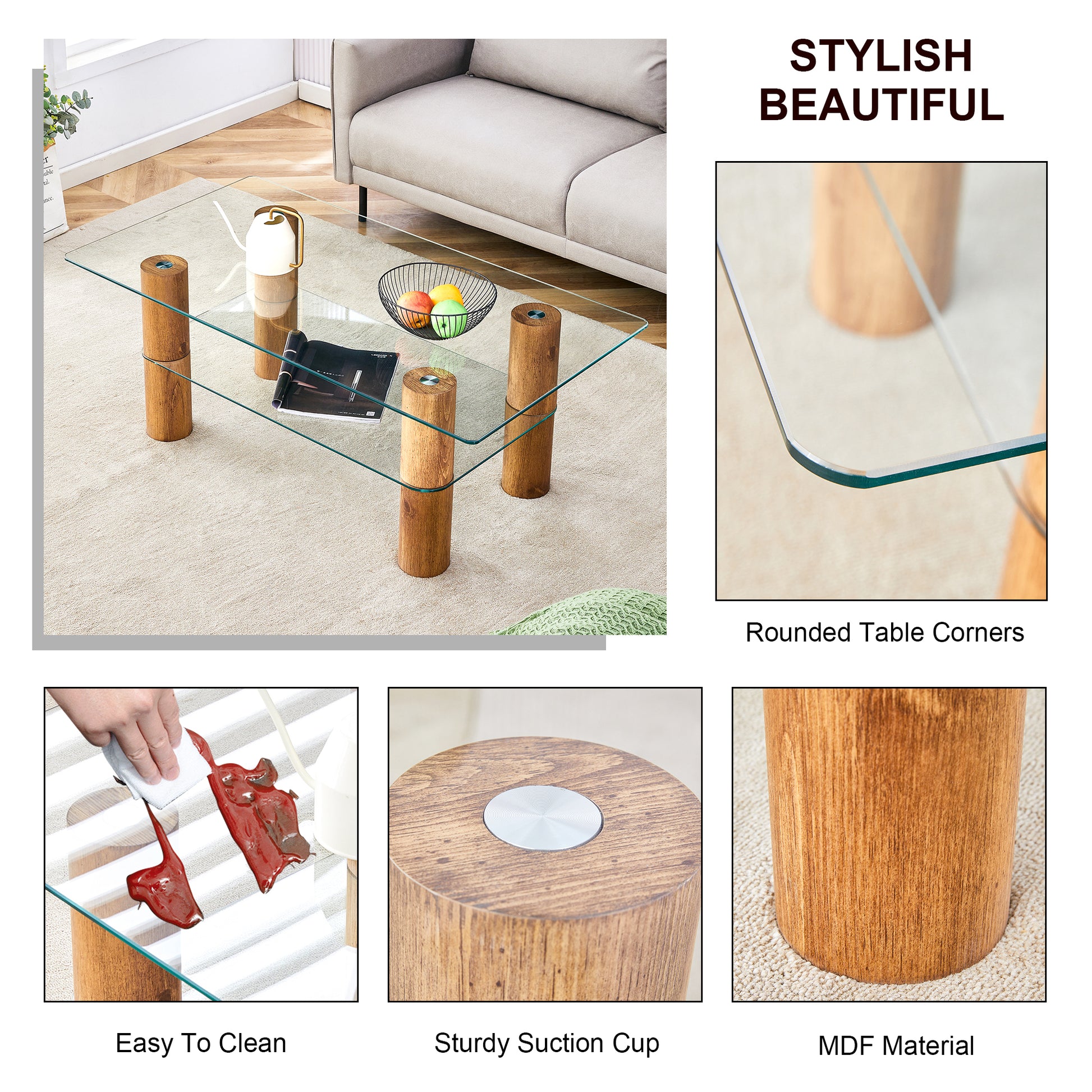 Modern Minimalist Double Layer Transparent Tempered Glass Coffee Table And Coffee Table, Paired With Wooden Mdf Decorative Columns. Computer Desk. Game Table. Ct X02 Transparent Glass