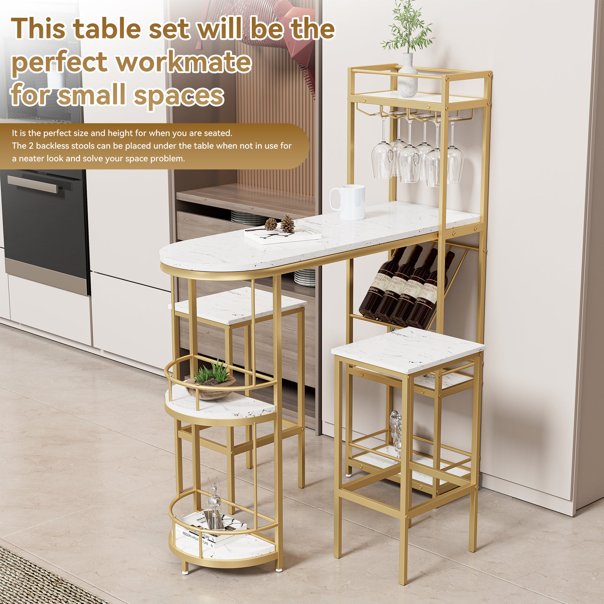 3 Pcs Bar Table And Chairs Set, Modern White Kitchen Bar Height Dining Table Wood Breakfast Pub Table With Gold Base With Shelves, Glass Rack, Wine Bottle Rack ,With 2 Bar Stools White Gold Dining Room Contemporary Floor Mount Rectangular Kitchen &