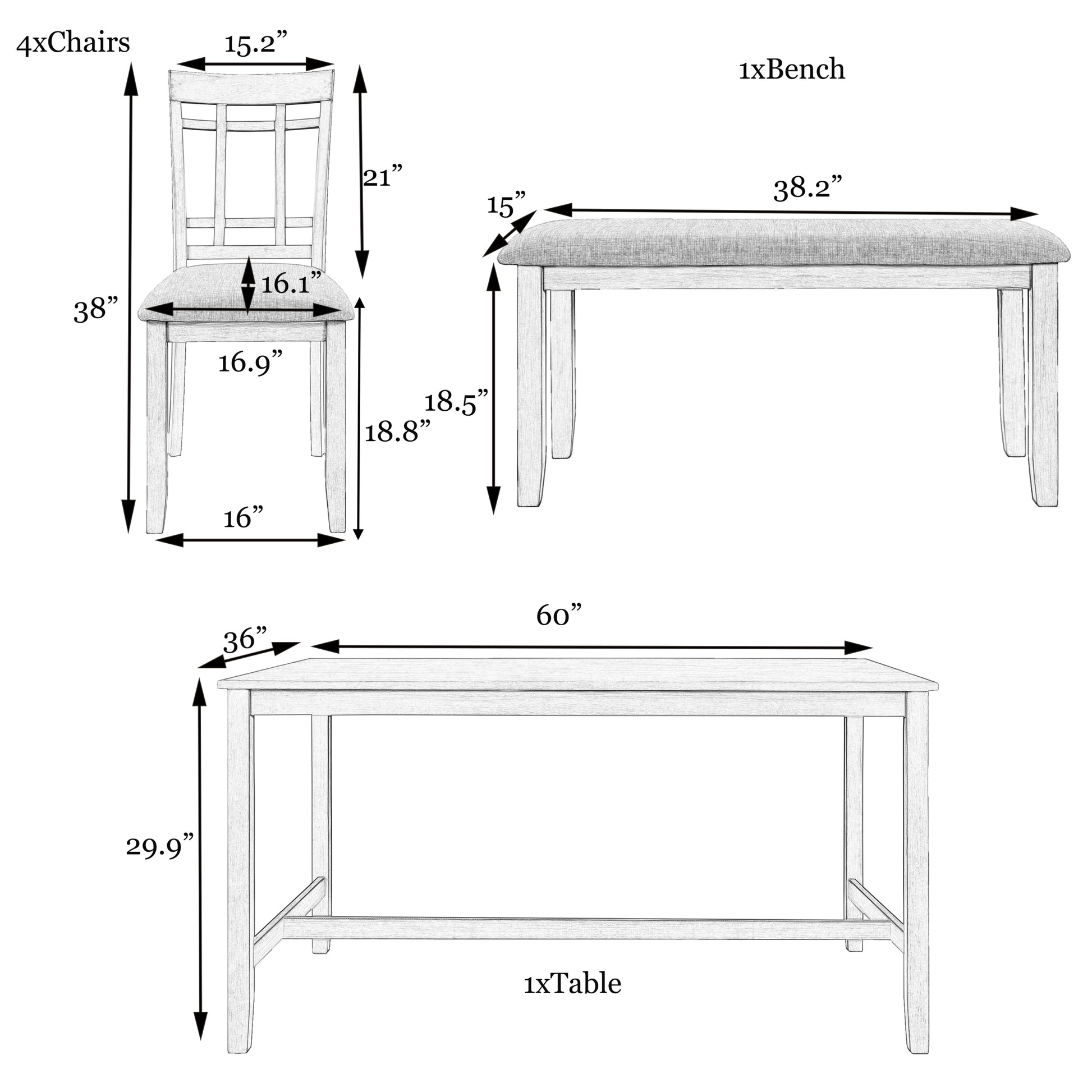 6 Piece Wooden Dining Table Set, Kitchen Table Set With 4 Chairs And Bench, Farmhouse Rustic Style,Gray Gray Wood Dining Room Bench Seating Acacia Rectangular Dining Table With Chair And Bench Upholstered Chair Wood Gray Ladder Back Seats 6 60 Inches