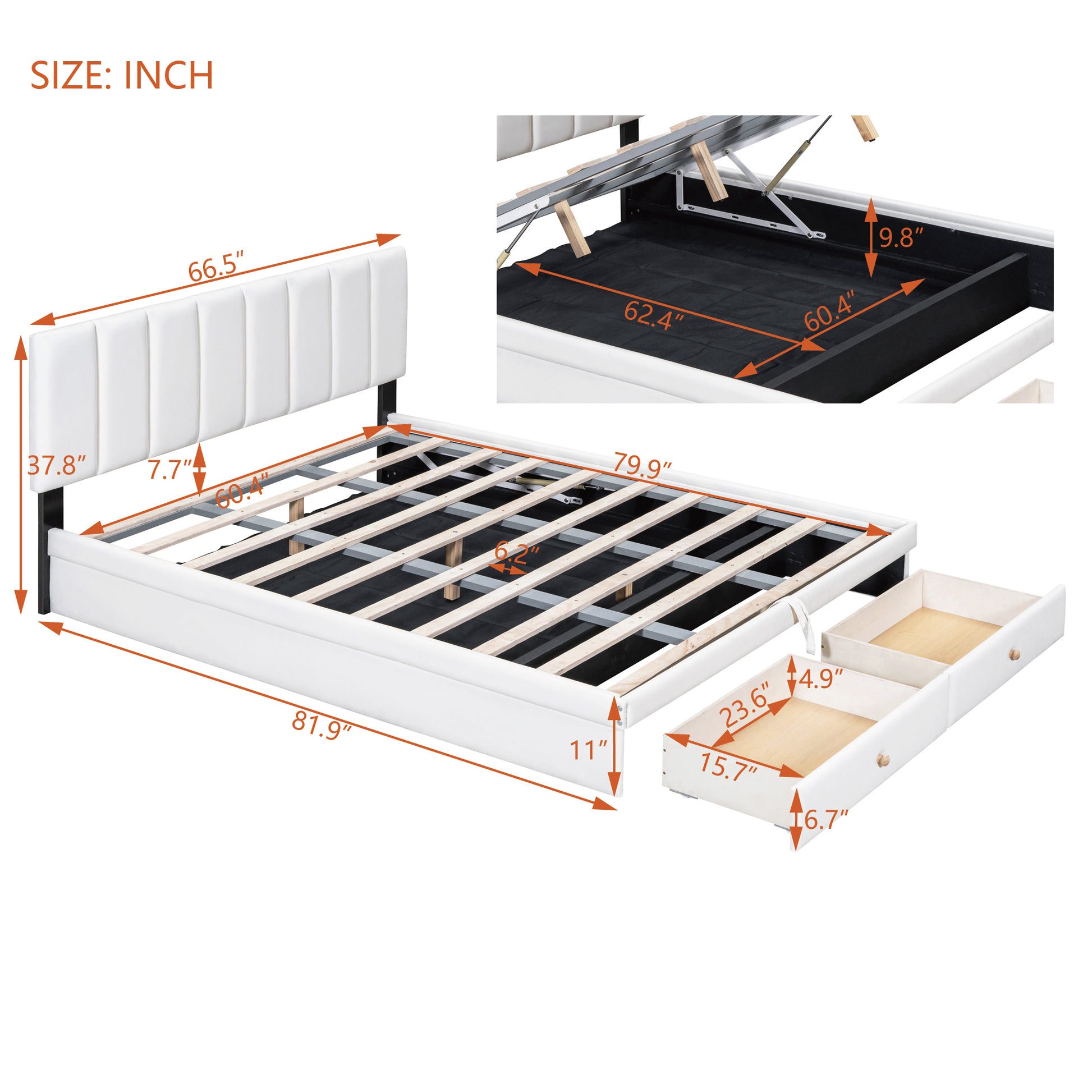 Queen Size Upholstered Bed With Hydraulic Storage System And Drawer, White White Pu Leather