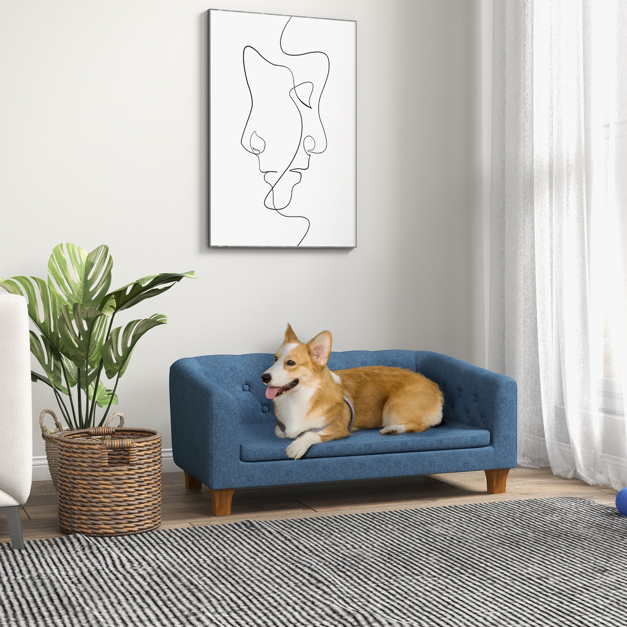 PawHut Raised Dog Sofa, Elevated Pet Couch for Small blue-wood