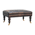 Buffalo Ash Black Leather Ottoman With Castor Legs Black Leather Solid Wood