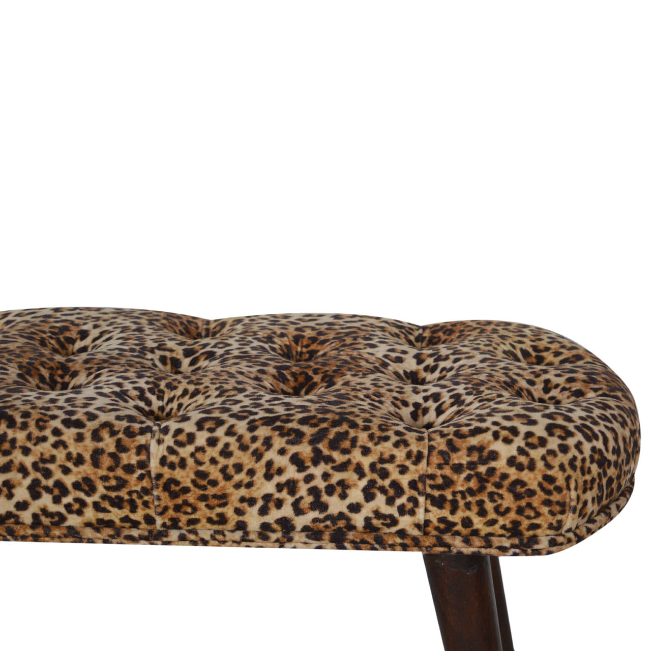 Leopard Print Deep Button Bench Walnut Foam Wood Fabric