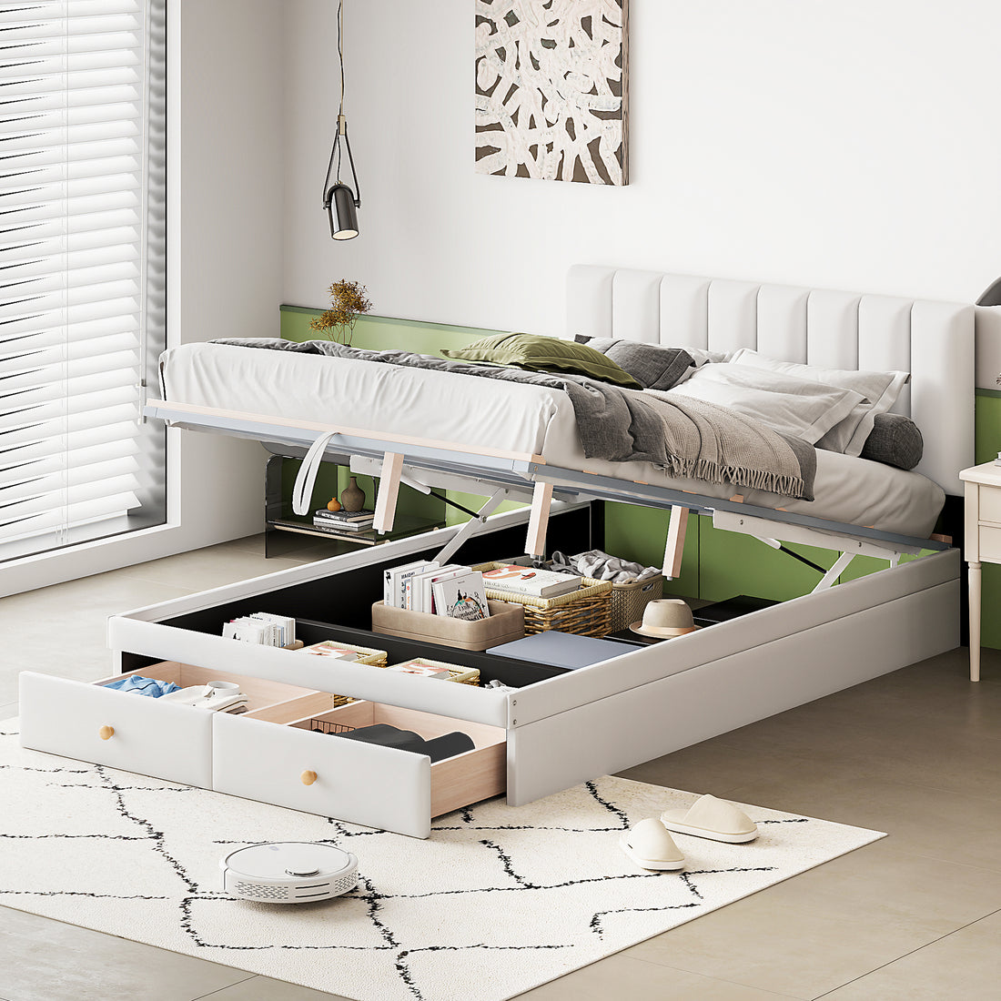 Full Size Upholstered Bed With Hydraulic Storage System And Drawer, White White Pu Leather