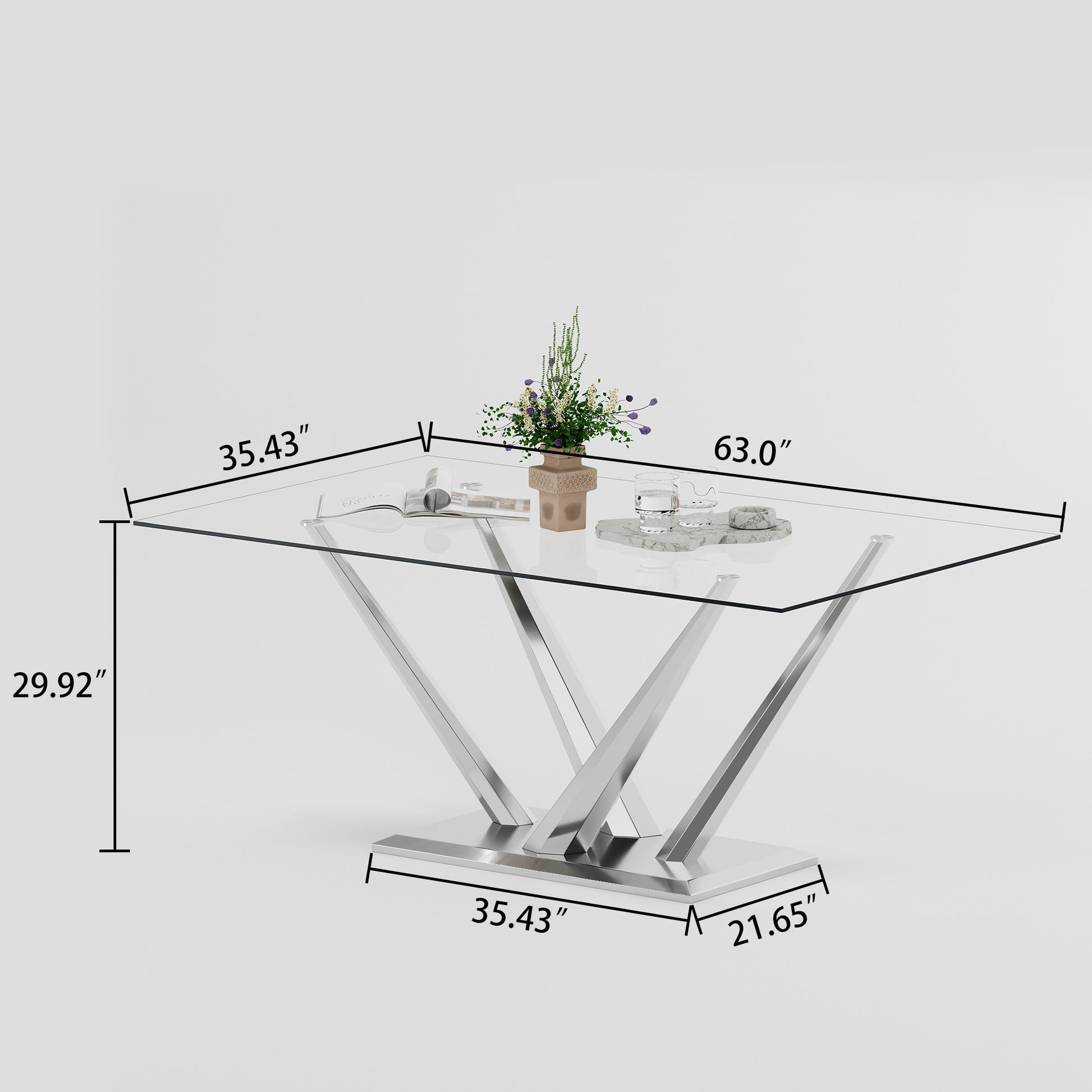 0.39" Thick Tempered Glass Top Rectangular Dining Table With Stainless Steel Base For Dining Room Silver Tempered Glass