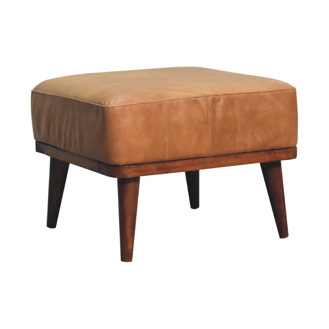 Tan Buffalo Leather Tan Footstool Chestnut Leather Wood