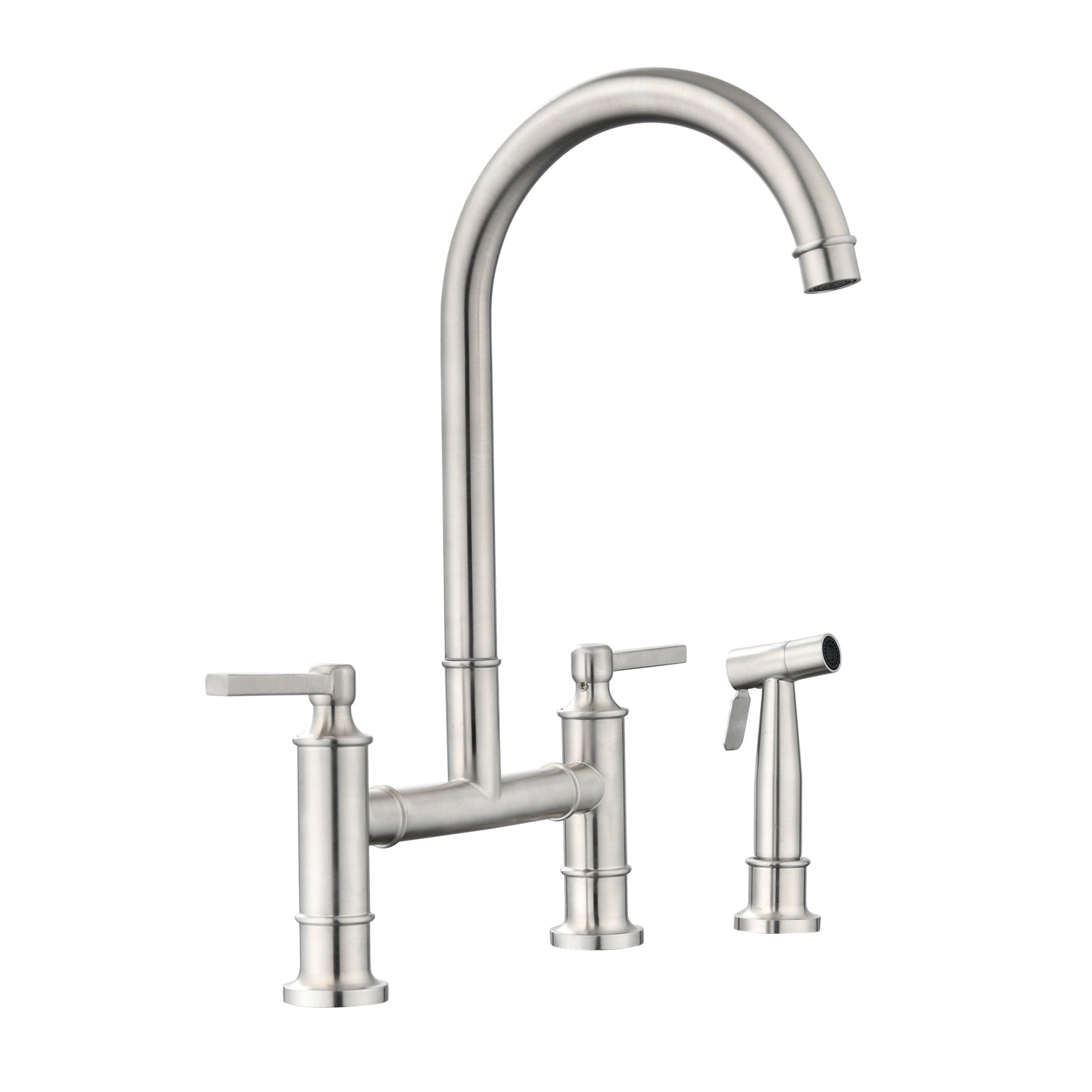 Double Handle Bridge Kitchen Faucet With Side Spray Brushed Nickel Stainless Steel