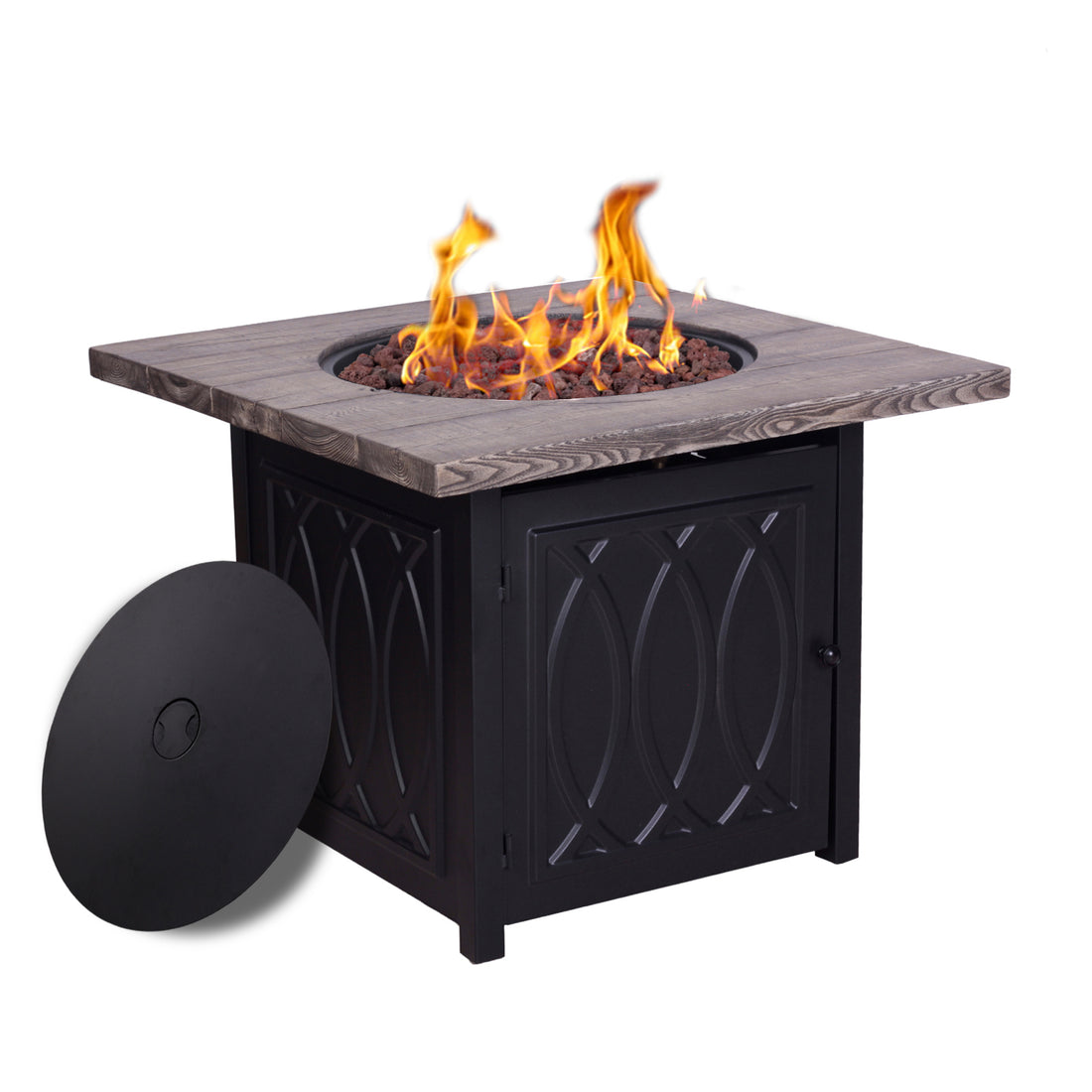 Faux Woodgrain Table Top And Steel Base Propane Outdoor Fire Pit Table With Lid Black Garden & Outdoor American Design Concrete,Metal