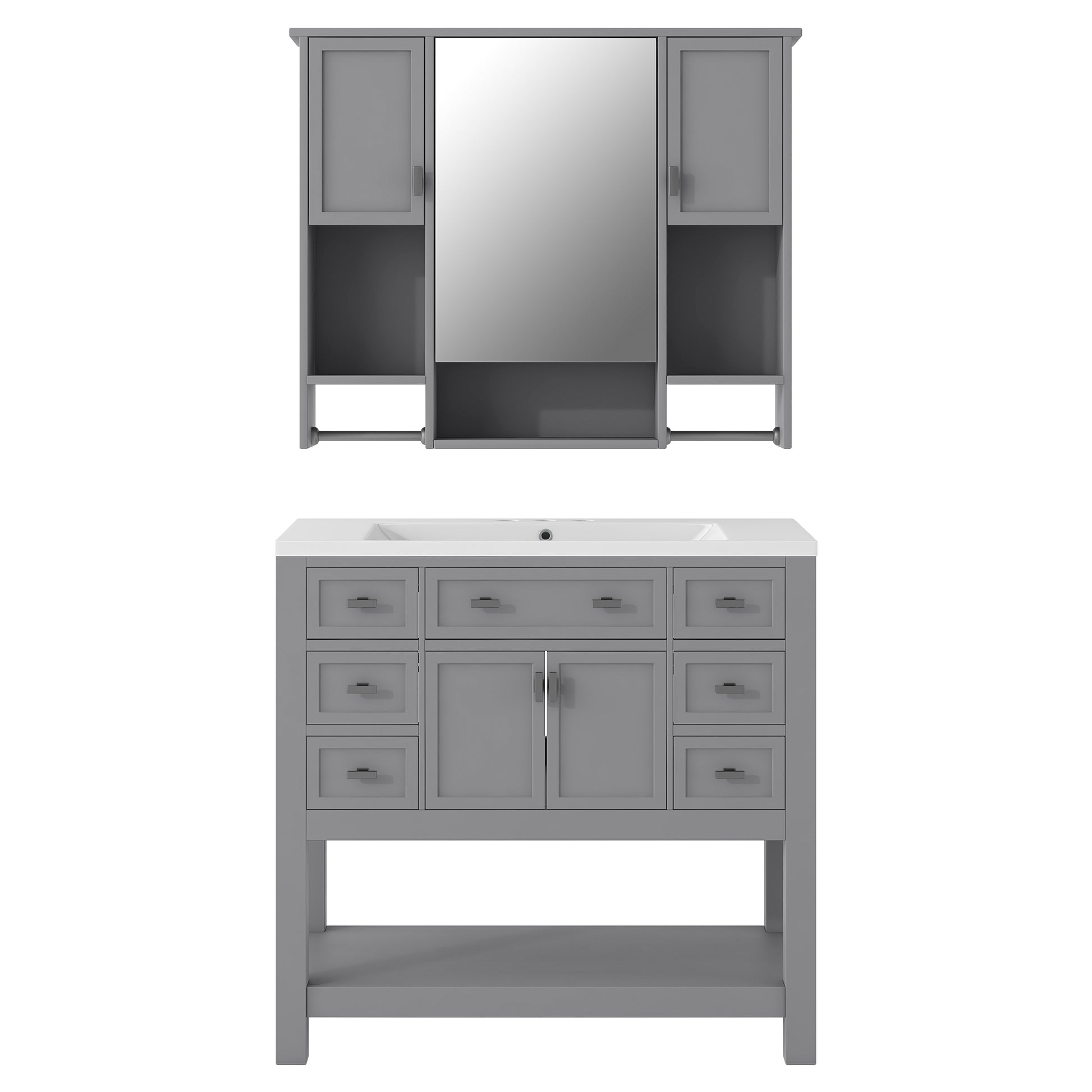 36'' Bathroom Vanity With Top Sink, Modern Mirror Cabinet With Towels Bar, Bathroom Storage Cabinet With 2 Soft Closing Doors And 6 Drawers, Single Sink Bathroom Vanity 4 Grey 4 Bathroom Freestanding Solid Wood Mdf Resin