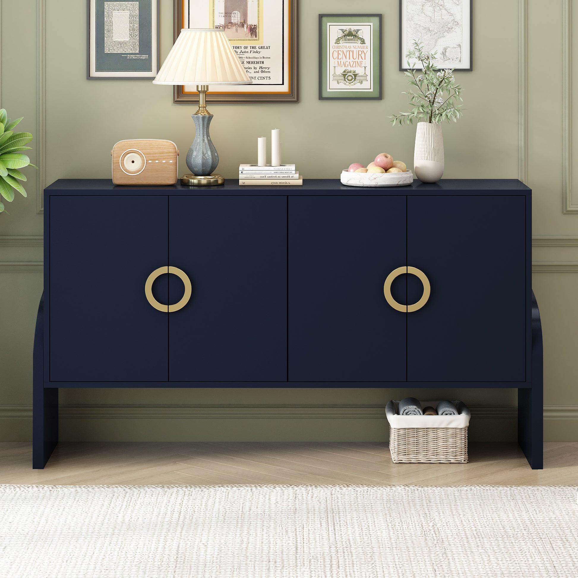 Four Door Metal Handle Storage Cabinet, Suitable For Study, Living Room,Adjustable Shelf Navy Blue Solid Wood Mdf