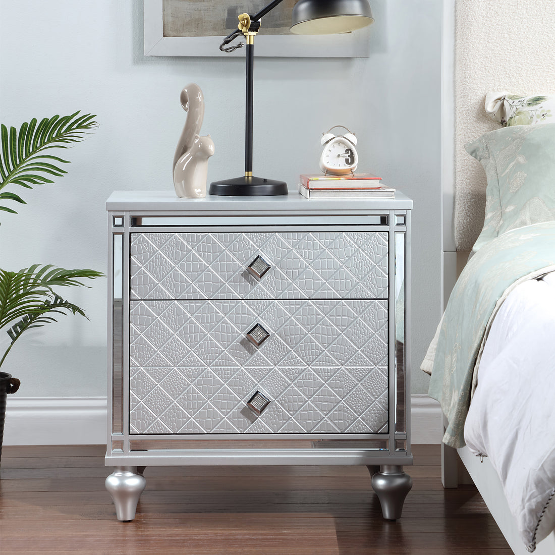 Contemporary Nightstands With Mirror Frame Accents, Bedside Table With Two Drawers And One Hidden Drawer, End Table With Crystal Pull For Living Room,Bedroom, Silver Silver 3 Drawers Solid Wood Mdf