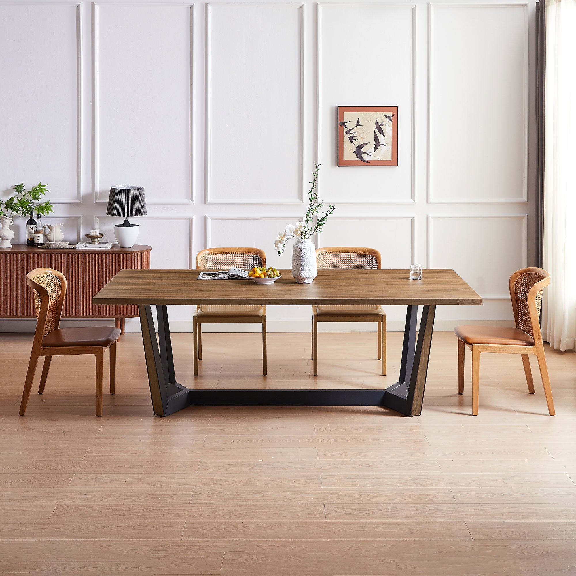 86.61" Dining Table Mid Century Modern Rectangle MDF walnut-foam-mdf+steel