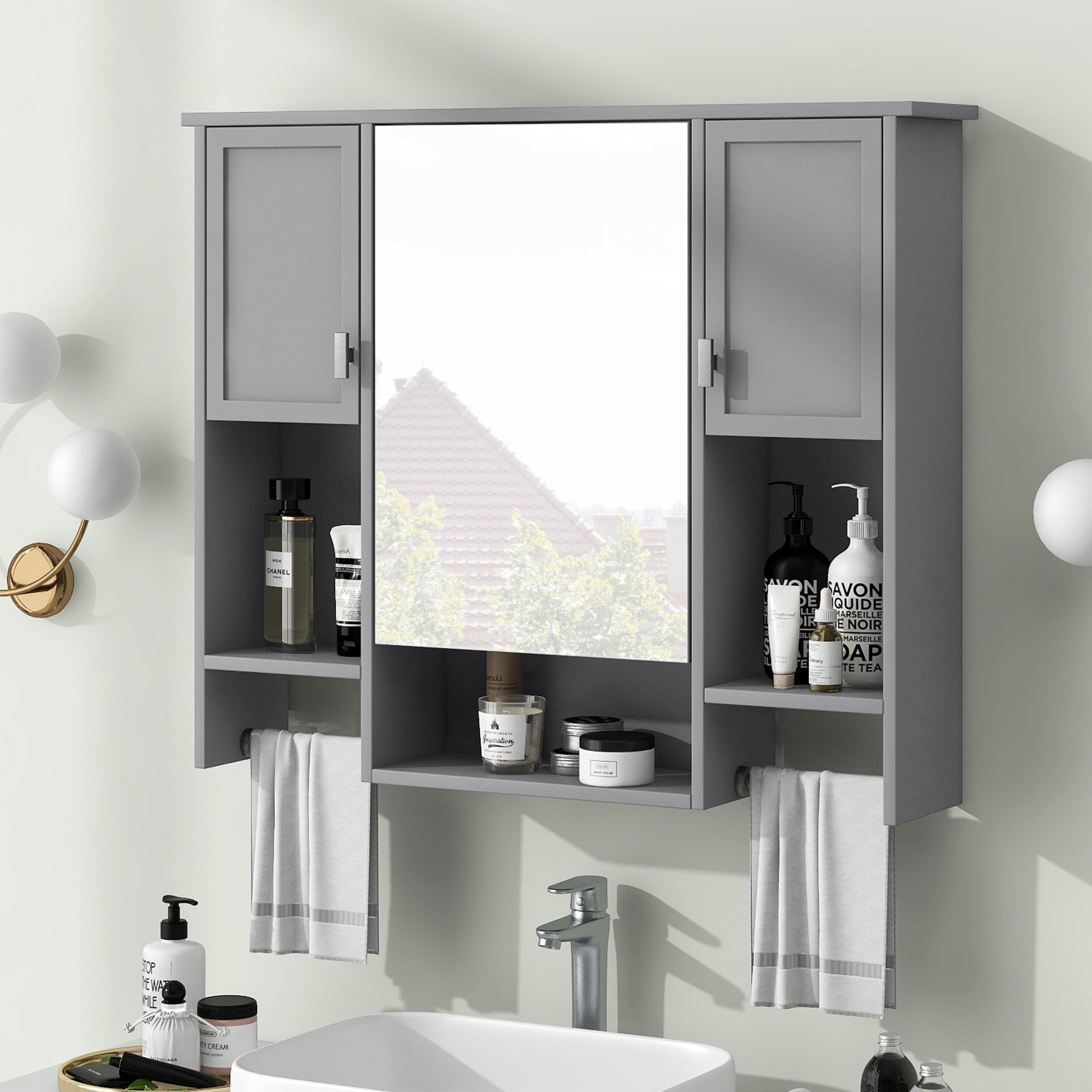 35'' X 28'' Modern Wall Mounted Bathroom Storage Cabinet, Bathroom Wall Cabinet With Mirror, Medicine Cabinet With Towels Bar Grey 2 5 Mirror Included Bathroom Wall Mounted Mdf Painted