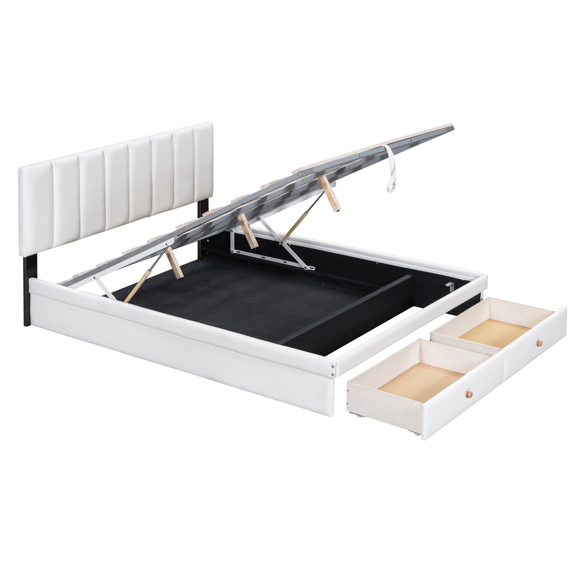 Full Size Upholstered Bed With Hydraulic Storage System And Drawer, White White Pu Leather