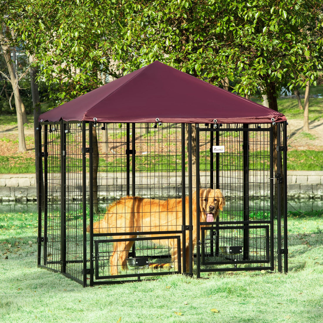 Pawhut 5' X 5' X 5' Dog Kennel Outdoor With Rotating Bowl Holders, Walk In Pet Playpen, Welded Wire Steel Dog Fence With Water And Uv Resistant Canopy, Black And Red Red Steel