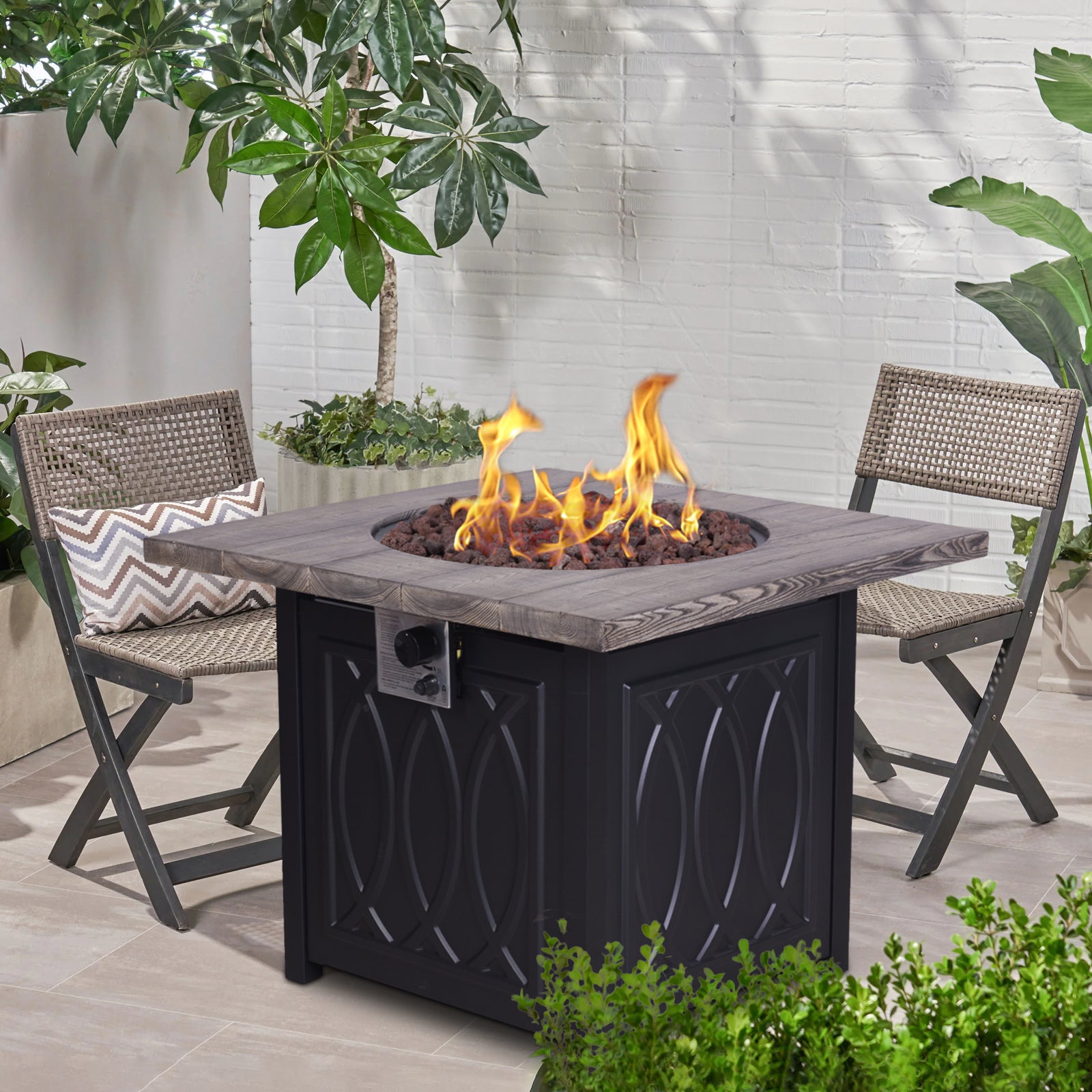 Faux Woodgrain Table Top And Steel Base Propane Outdoor Fire Pit Table