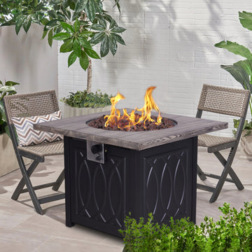 Faux Woodgrain Table Top And Steel Base Propane Outdoor Fire Pit Table With Lid Black Garden & Outdoor American Design Concrete,Metal