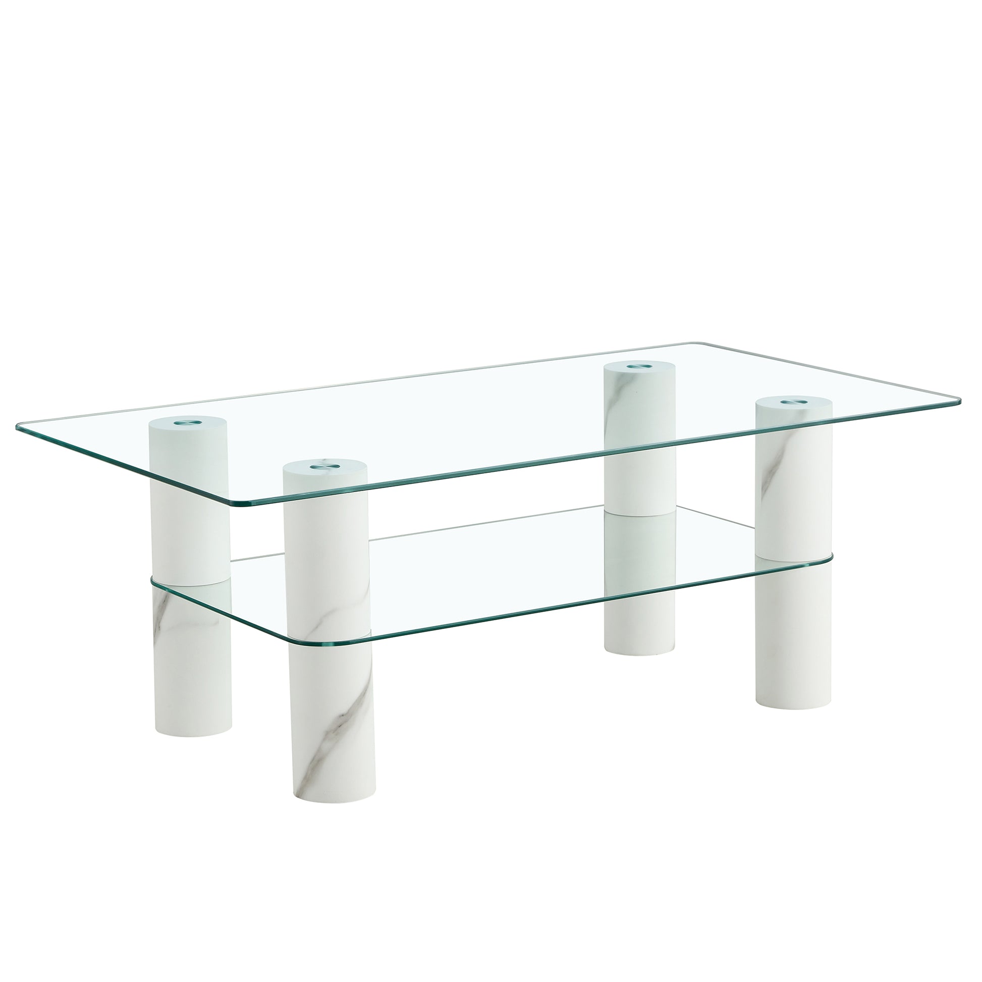 Modern Minimalist Double Layered Transparent Tempered Glass Coffee Table And Coffee Table, Paired With White Mdf Decorative Columns. Computer Desk. Game Table. Ct X02 Transparent Glass