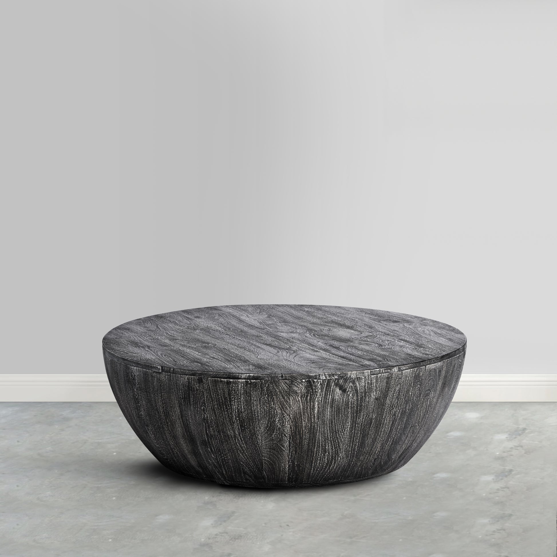 Arthur 36 Inch Farmhouse Style Handcrafted Mango Wood Coffee Table, Round Drum Shape, Sandblasted Black Black Natural Solid Wood