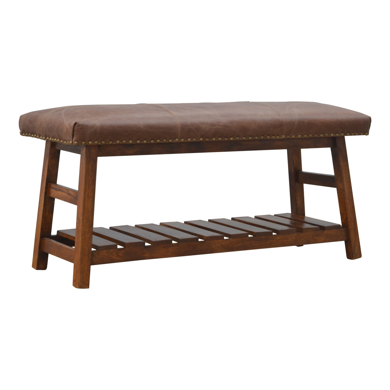 Solid Wood Buffalo Hide Hallway Bench Brown Brown Leather Primary Living Space Brown Classic,Contemporary Mango Wood Solid Wood