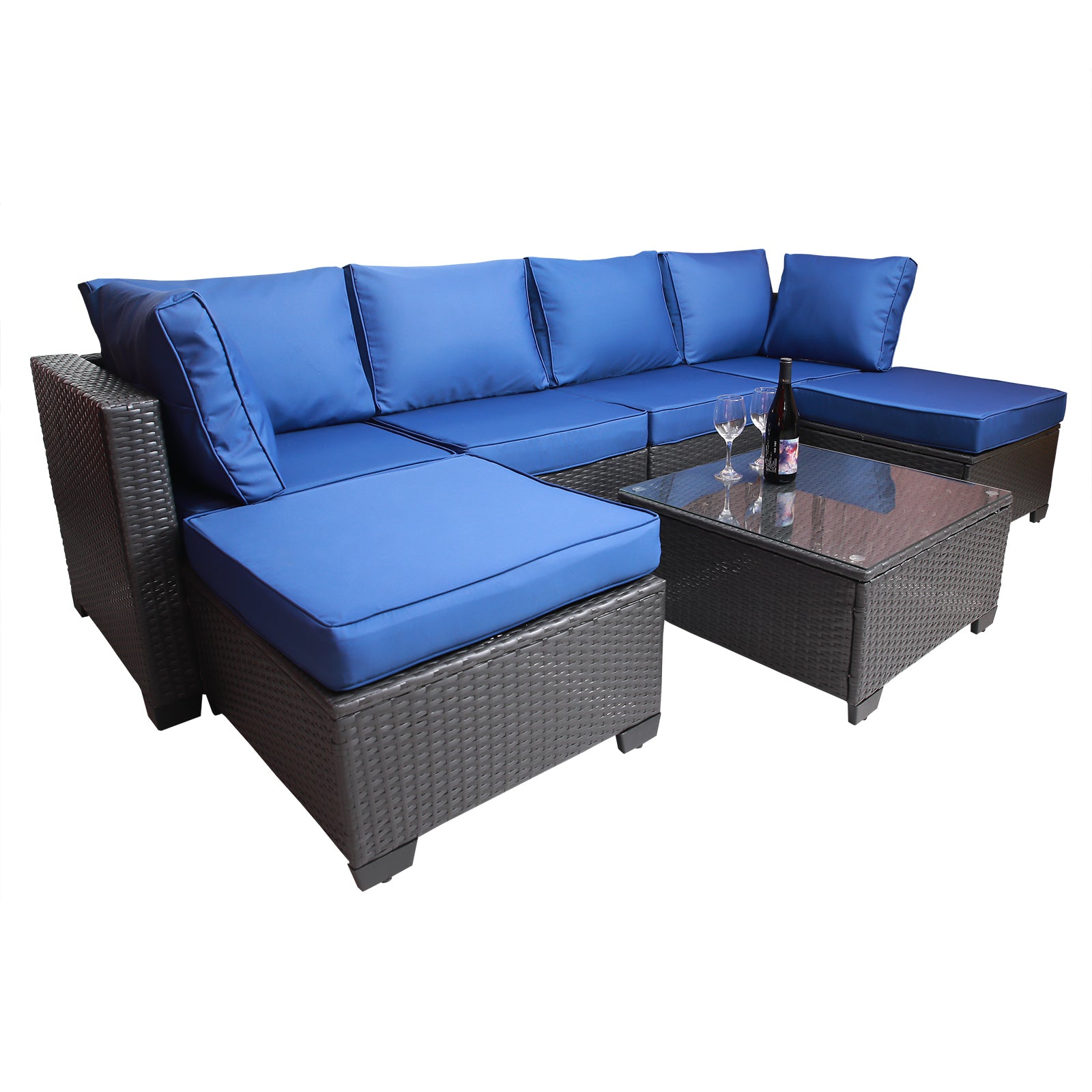Outdoor Garden Patio Furniture 7 Piece Pe Rattan Wicker Cushioned Sofa Sets And Coffee Table, Patio Furniture Set Outdoor Couch Outdoor Couch Patio Furniture Outdoor Sofa Patio Couch Yes Complete Patio Set Black Blue Rust Resistant Frame Water Resistant