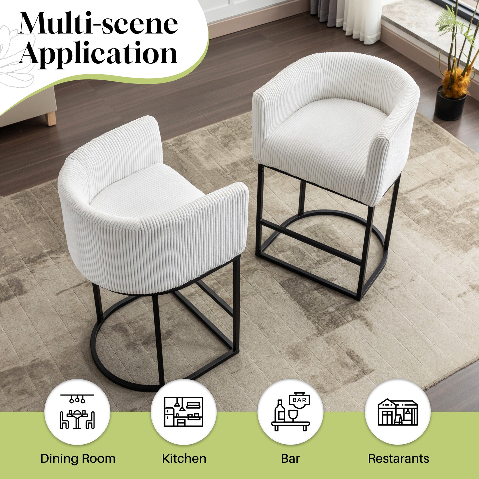 Modern Bar Stools Set Of 2, 27.5" Counter Height Stools With Barrel Back And Arms, Upholstered Seat Cushion Linen Modern Kitchen Island Chair With Black Metal Frame For Kitchen Island, White White Dining Room Powder Coated Sponge Wipe Clean Modern Bar