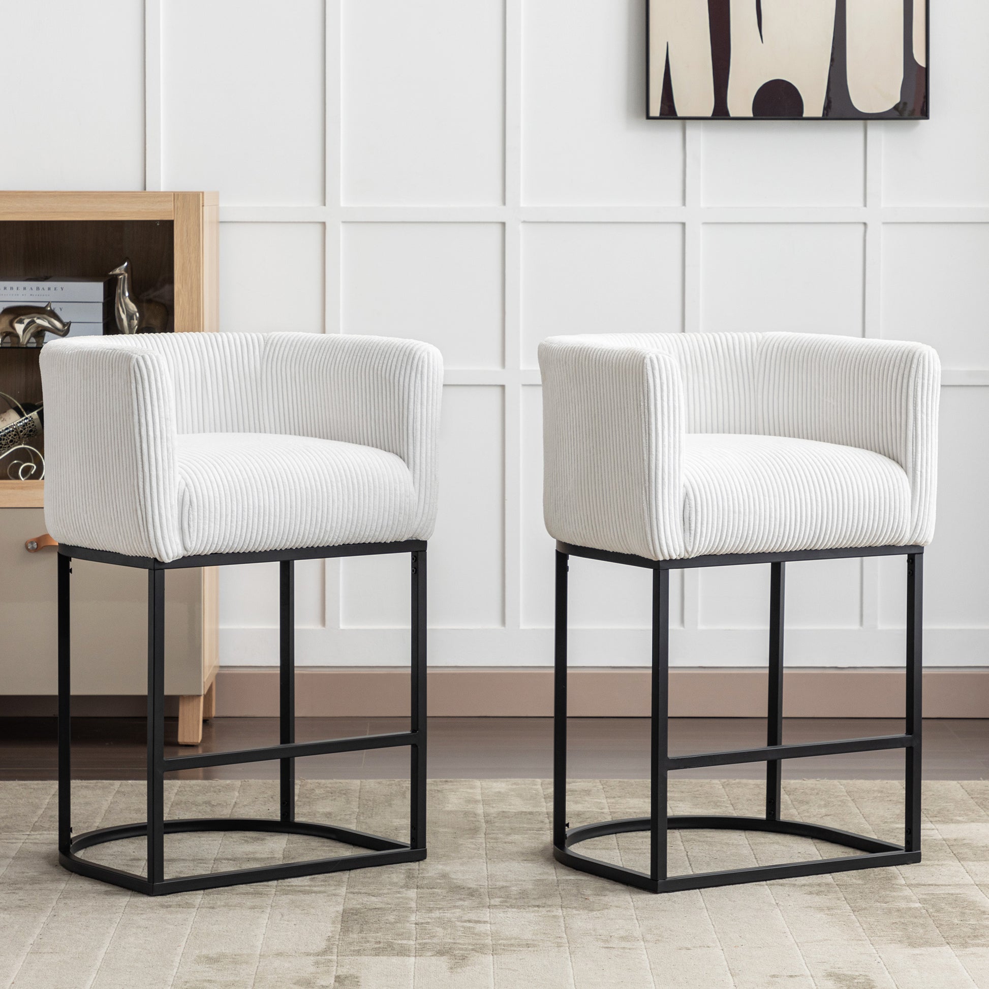 Modern Bar Stools Set Of 2, 27.5" Counter Height Stools With Barrel Back And Arms, Upholstered Seat Cushion Linen Modern Kitchen Island Chair With Black Metal Frame For Kitchen Island, White White Dining Room Powder Coated Sponge Wipe Clean Modern Bar