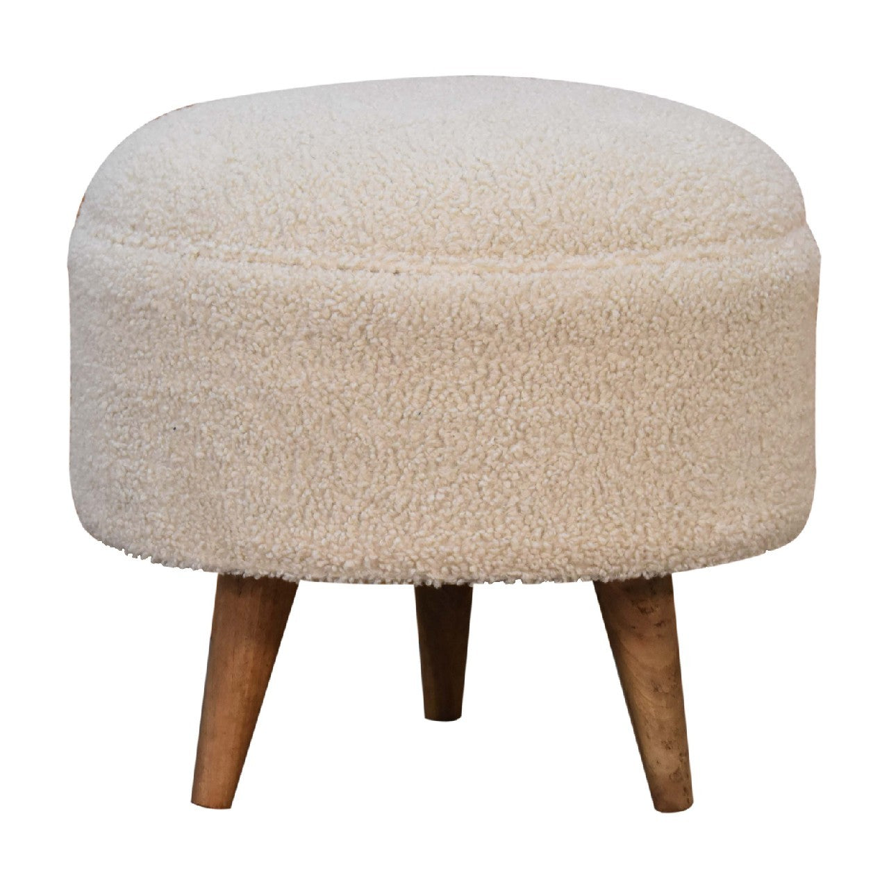 Cream Boucle Rounded Footstool Oak Foam Wood Fabric