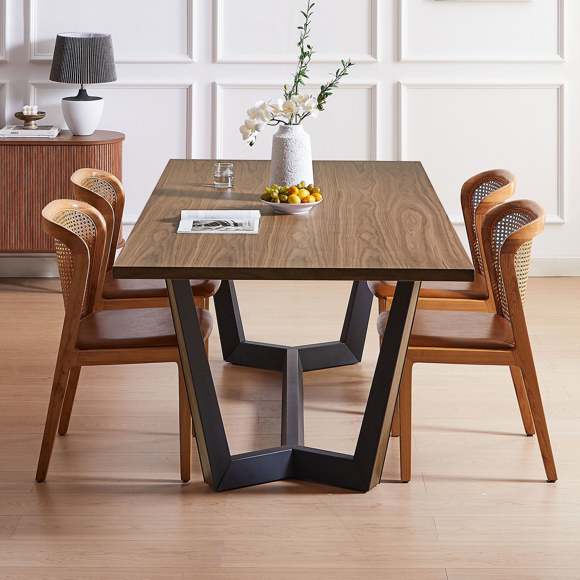 86.61" Dining Table Mid Century Modern Rectangle MDF walnut-foam-mdf+steel