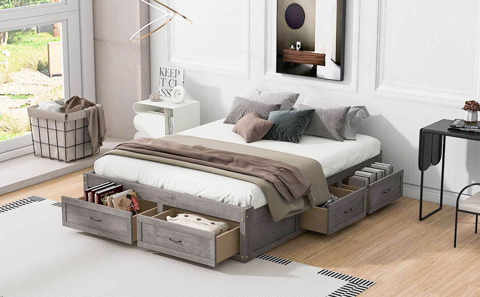 Queen Size Platform Bed With 6 Storage Drawers,Antique Gray Antique Gray Mdf Lvl