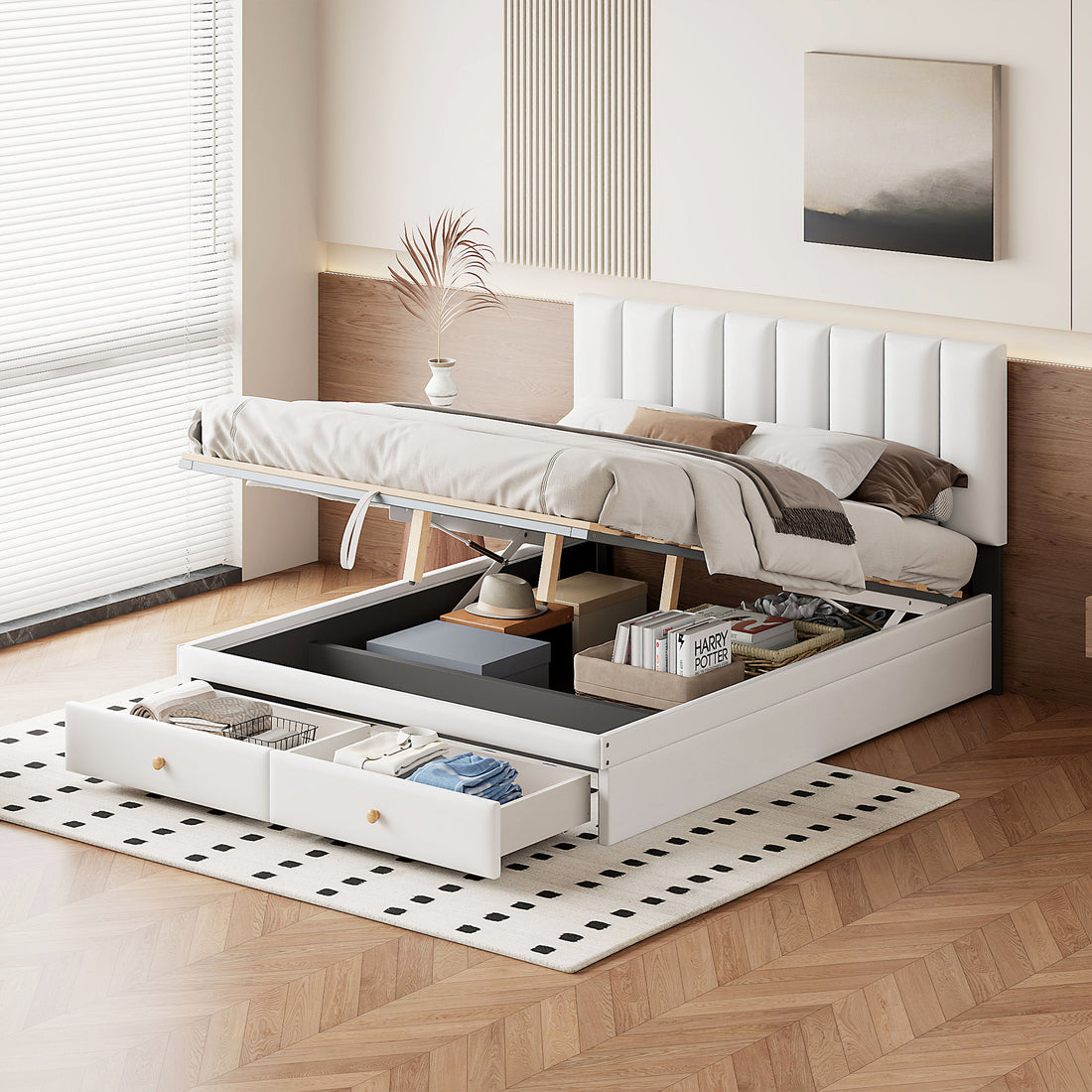 Queen Size Upholstered Bed With Hydraulic Storage System And Drawer, White White Pu Leather