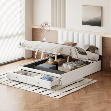 Queen Size Upholstered Bed With Hydraulic Storage System And Drawer, White White Pu Leather