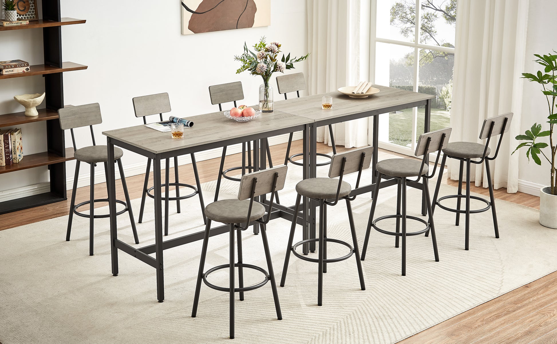 Pub High Dining Table 5 Piece Set, Industrial Style Pub Table, 4 Pu Leather Bar Chairs For Kitchen Breakfast Table, Living Room, Bar, Rustic Grey, 47.2 L X 23.6"W X 35.4"H Grey Particle Board