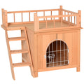 Pawhut 2 Level Wooden Cat House, Outdoor Dog Shelter Cat Condo With Lockable Wire Door And Balcony, Natural Wood Natural Wood