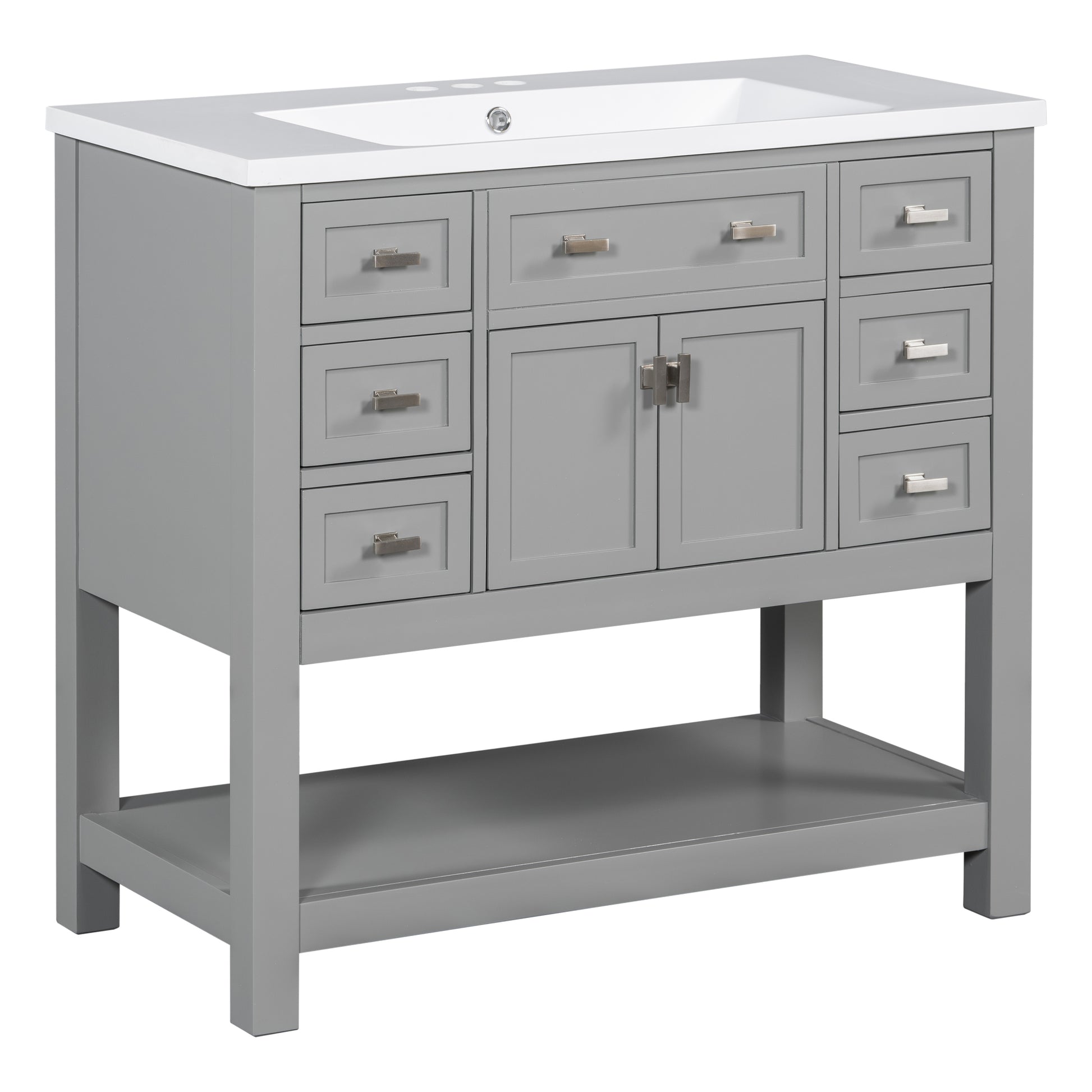 36'' Bathroom Vanity With Top Sink, Modern Mirror Cabinet With Towels Bar, Bathroom Storage Cabinet With 2 Soft Closing Doors And 6 Drawers, Single Sink Bathroom Vanity 4 Grey 4 Bathroom Freestanding Solid Wood Mdf Resin