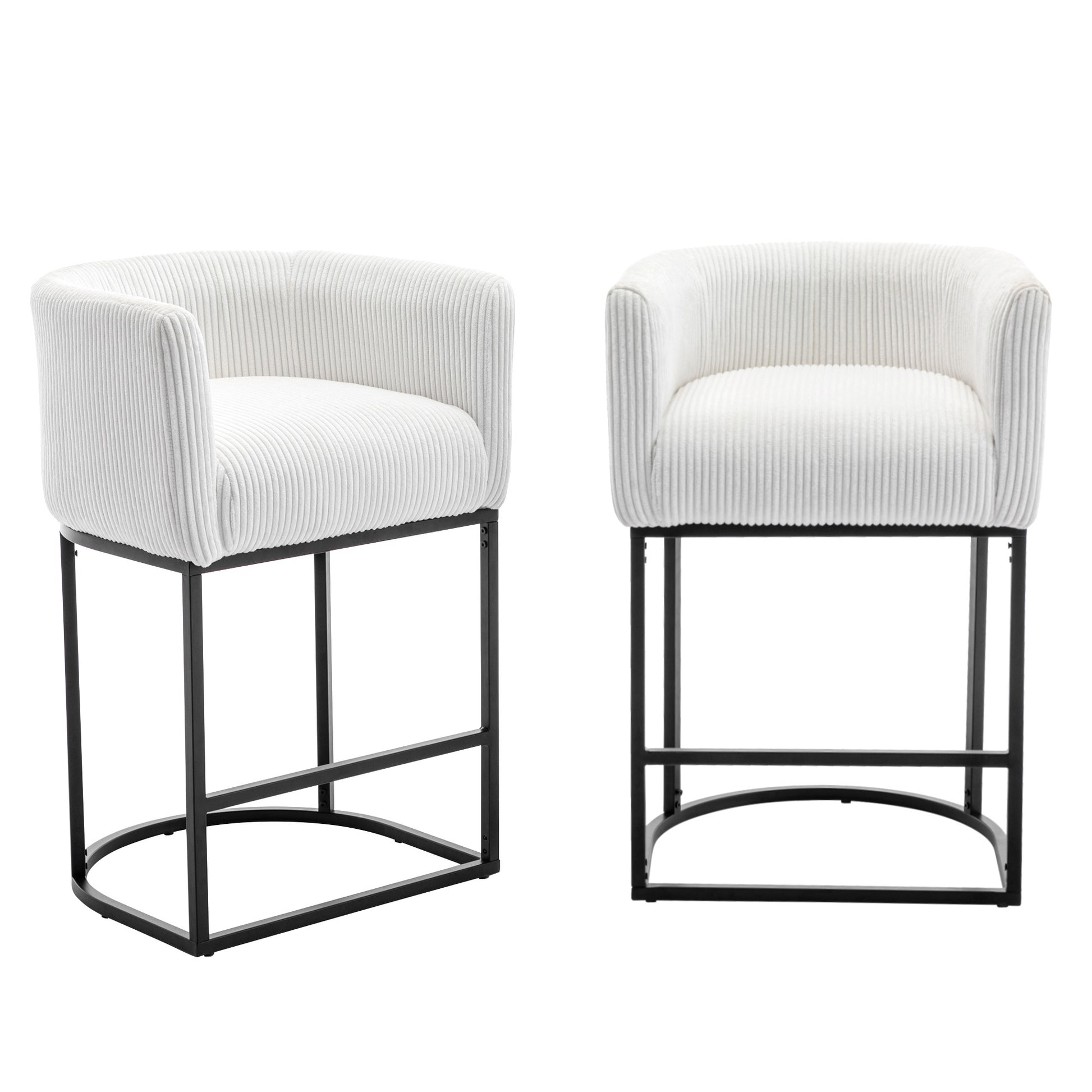 Modern Bar Stools Set Of 2, 27.5" Counter Height Stools With Barrel Back And Arms, Upholstered Seat Cushion Linen Modern Kitchen Island Chair With Black Metal Frame For Kitchen Island, White White Dining Room Powder Coated Sponge Wipe Clean Modern Bar