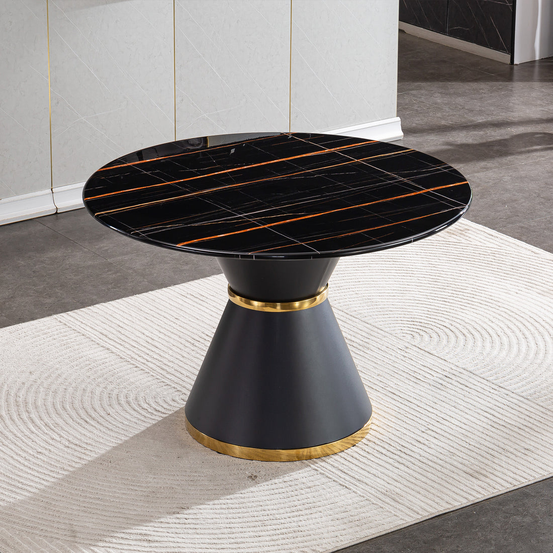 Black Marble Printed Mdf Round Dining Table, Black Columnar Base With Gold Annulus Not Including Chairs Black Mdf Steel