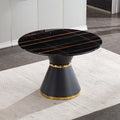 Black Marble Printed Mdf Round Dining Table, Black Columnar Base With Gold Annulus Not Including Chairs Black Mdf Steel