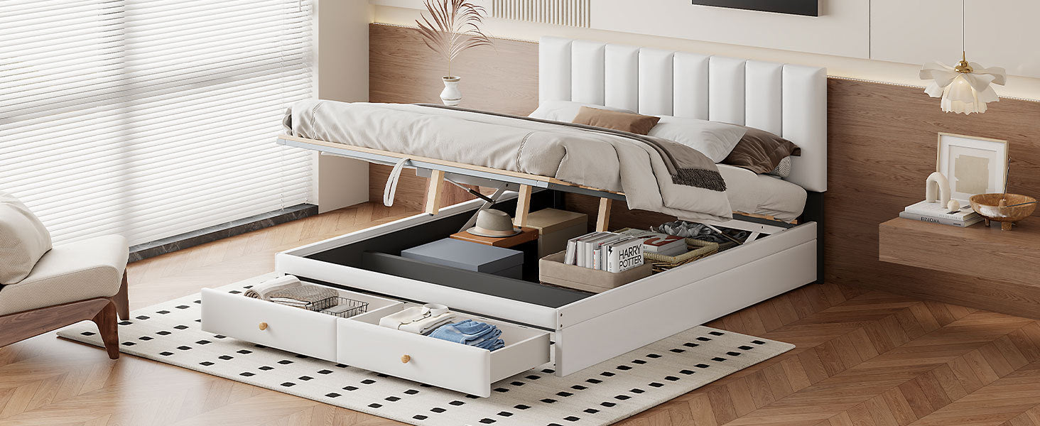 Queen Size Upholstered Bed With Hydraulic Storage System And Drawer, White White Pu Leather